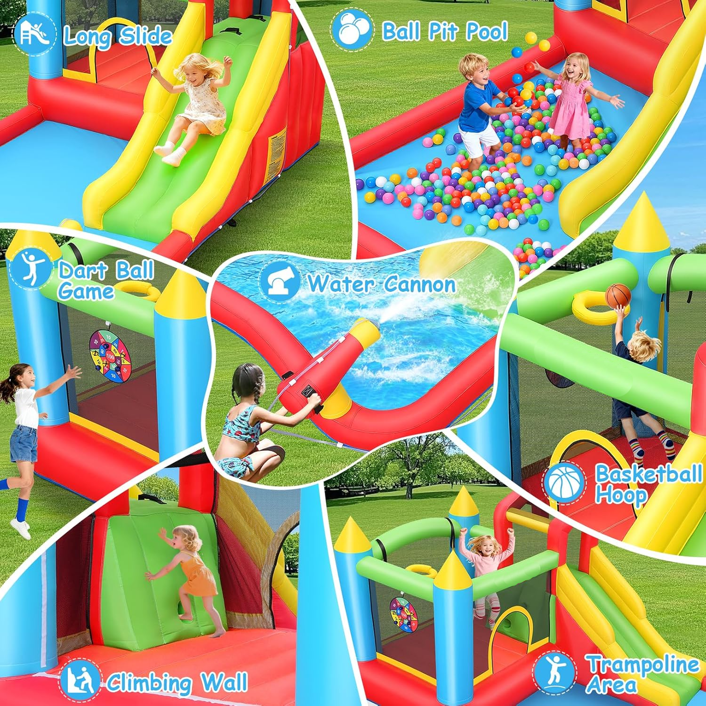 KRISRATE Inflatable Bounce House with Slide - 8-in-1 Bouncy Castle with Trampoline, Ball Pit, Climbing Wall & Water Sprayer, 370W Blower, Ages 3-12