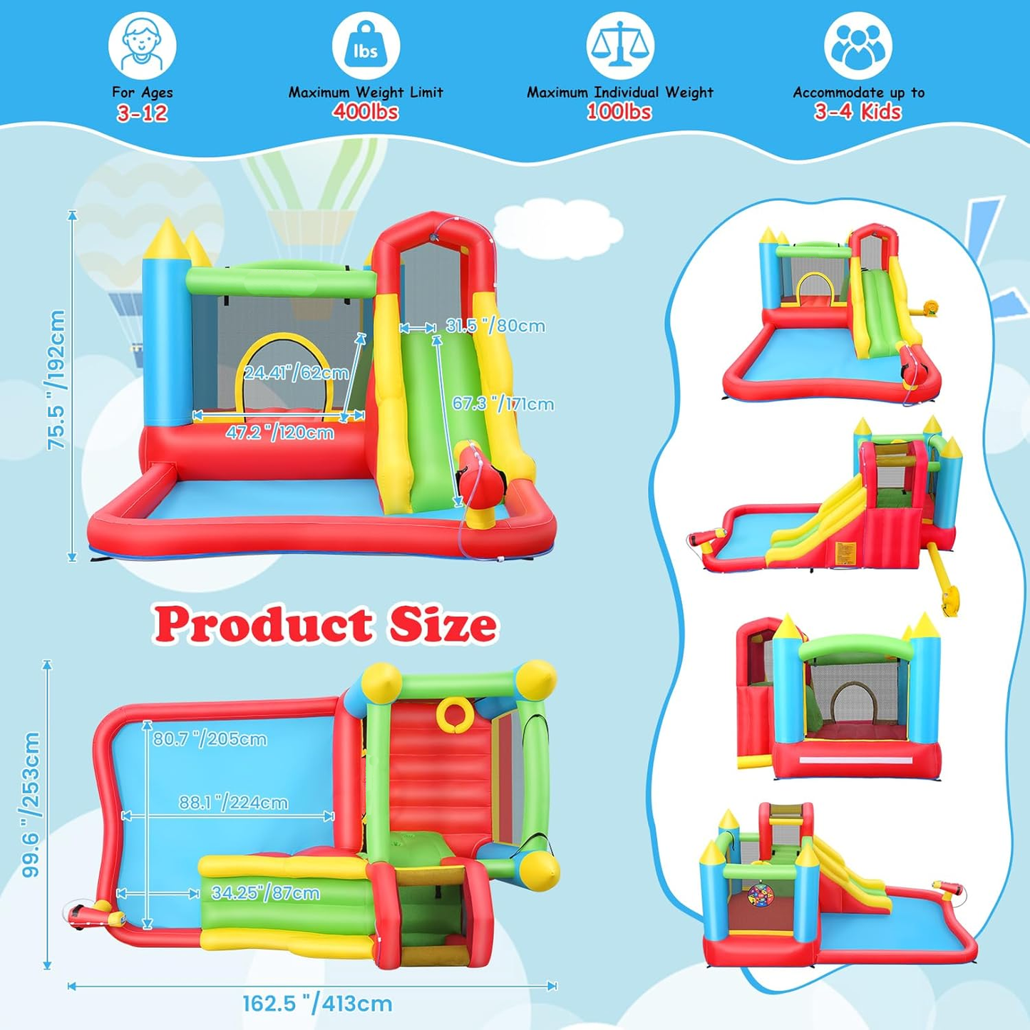 KRISRATE Inflatable Bounce House with Slide - 8-in-1 Bouncy Castle with Trampoline, Ball Pit, Climbing Wall & Water Sprayer, 370W Blower, Ages 3-12
