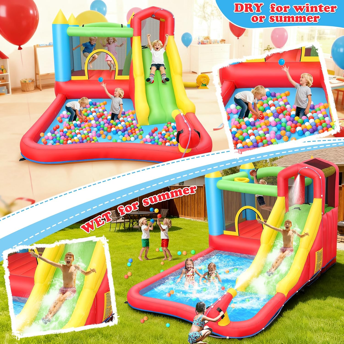 KRISRATE Inflatable Bounce House with Slide - 8-in-1 Bouncy Castle with Trampoline, Ball Pit, Climbing Wall & Water Sprayer, 370W Blower, Ages 3-12