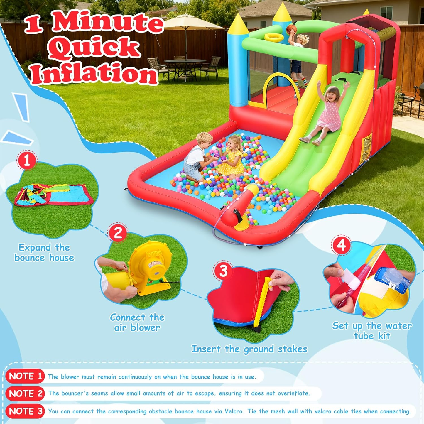KRISRATE Inflatable Bounce House with Slide - 8-in-1 Bouncy Castle with Trampoline, Ball Pit, Climbing Wall & Water Sprayer, 370W Blower, Ages 3-12