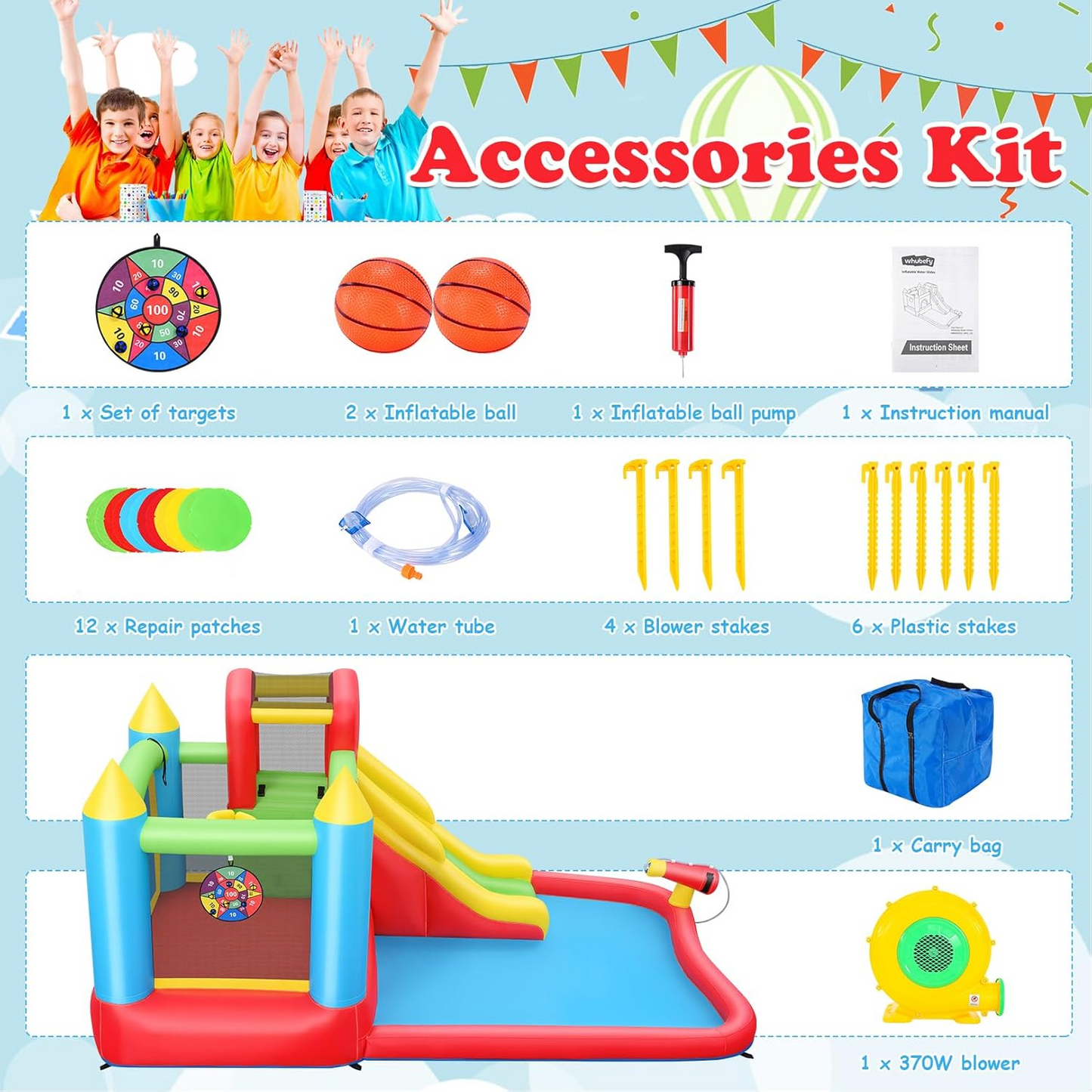 KRISRATE Inflatable Bounce House with Slide - 8-in-1 Bouncy Castle with Trampoline, Ball Pit, Climbing Wall & Water Sprayer, 370W Blower, Ages 3-12