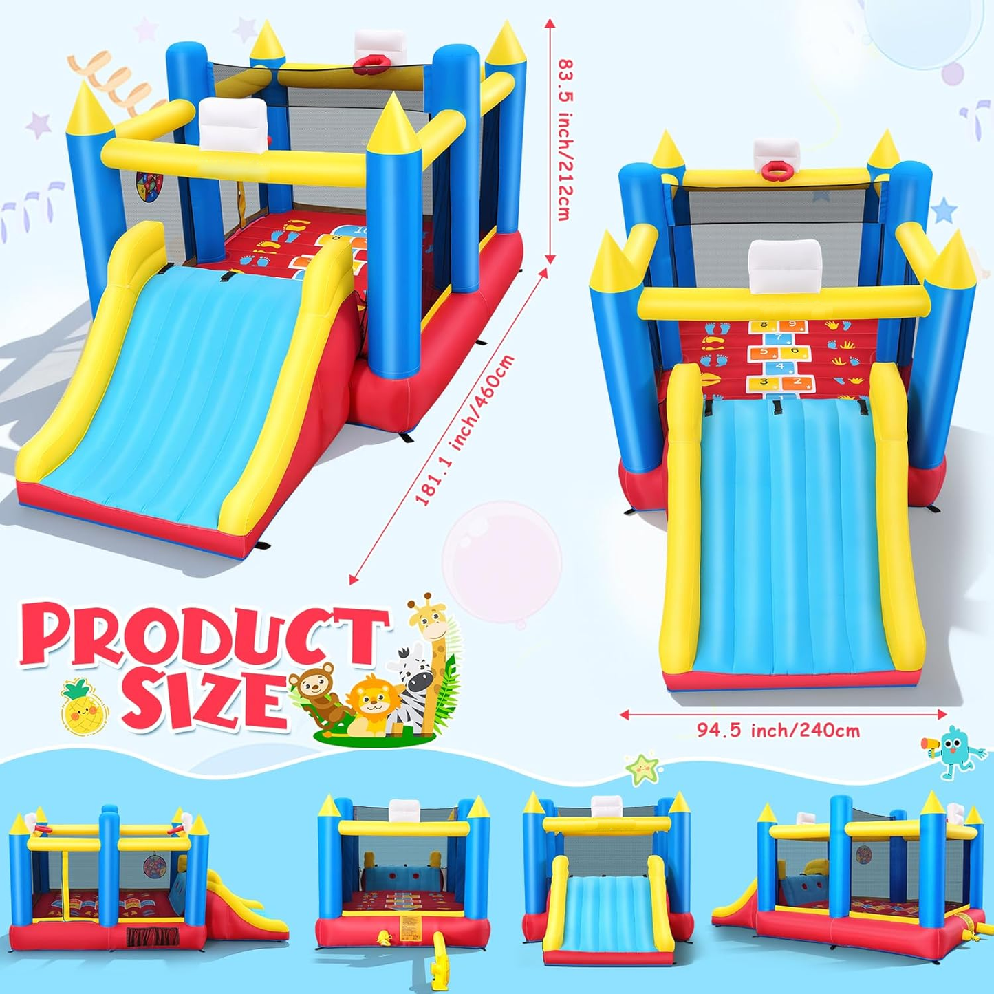 KRISRATE Inflatable Bounce House for Kids 3-12, 15.2x8.3x7ft Multi-Activity Bouncy Castle with Extra Wide Slide, Dual Basketball Hoops, 480W Blower