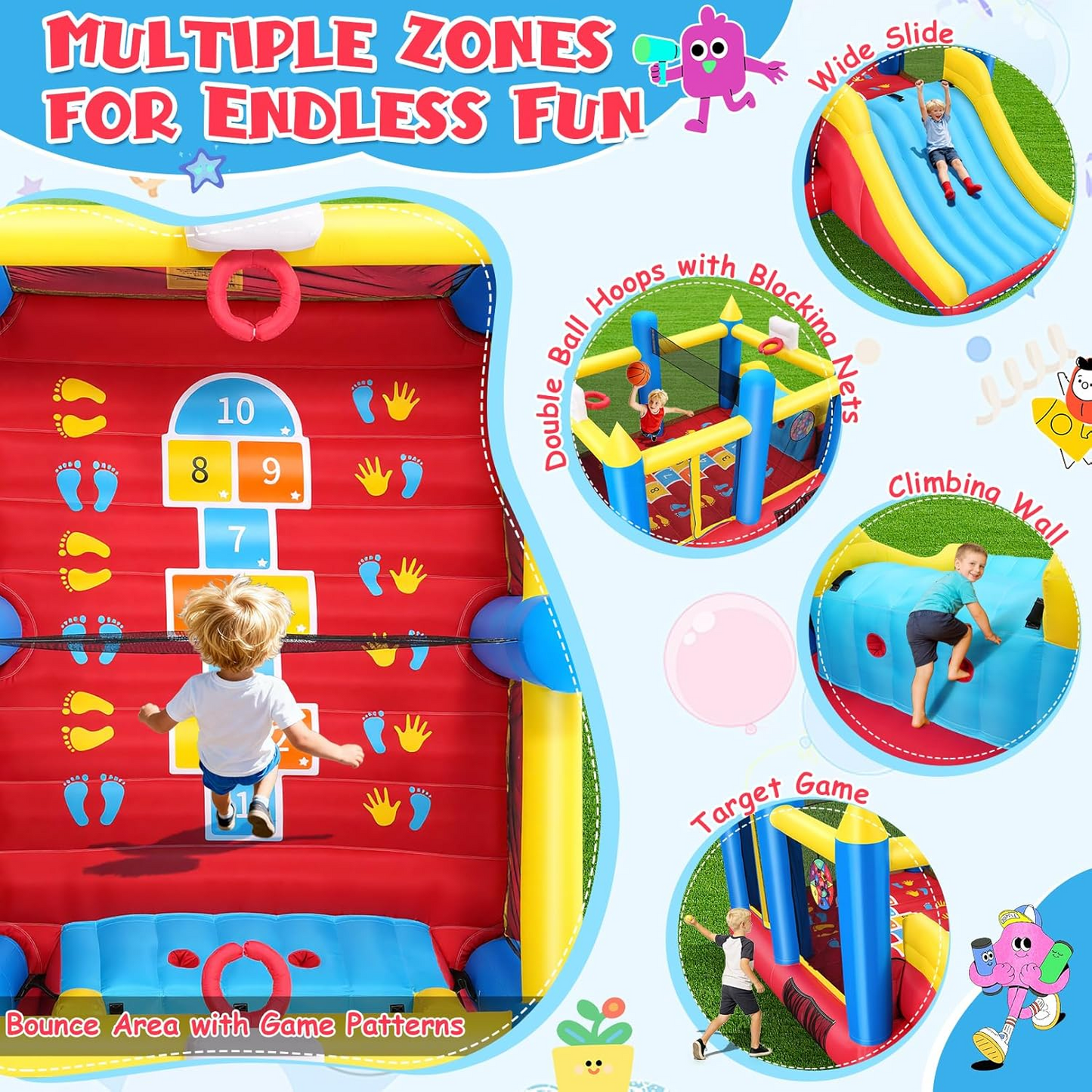 KRISRATE Inflatable Bounce House for Kids 3-12, 15.2x8.3x7ft Multi-Activity Bouncy Castle with Extra Wide Slide, Dual Basketball Hoops, 480W Blower