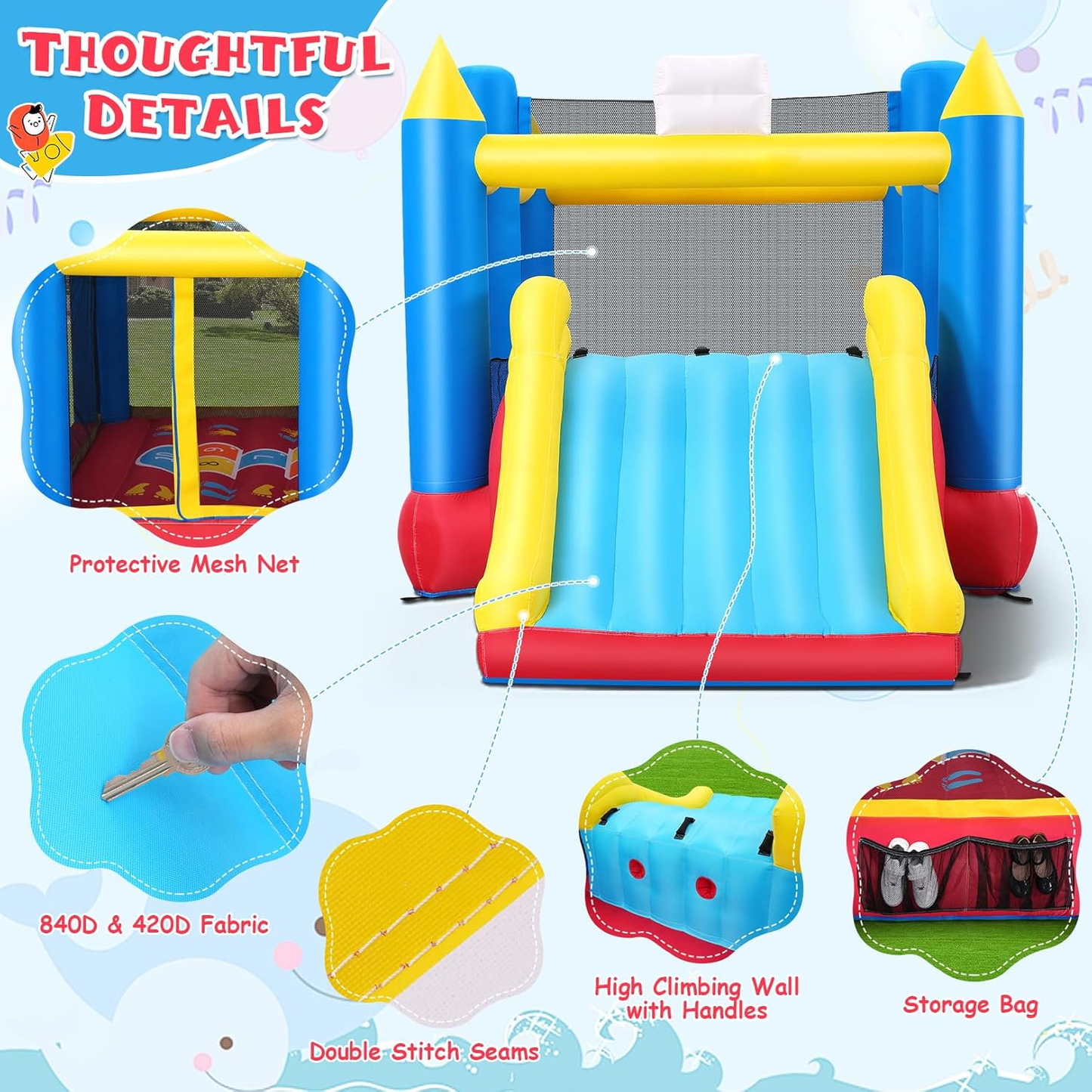 KRISRATE Inflatable Bounce House for Kids 3-12, 15.2x8.3x7ft Multi-Activity Bouncy Castle with Extra Wide Slide, Dual Basketball Hoops, 480W Blower