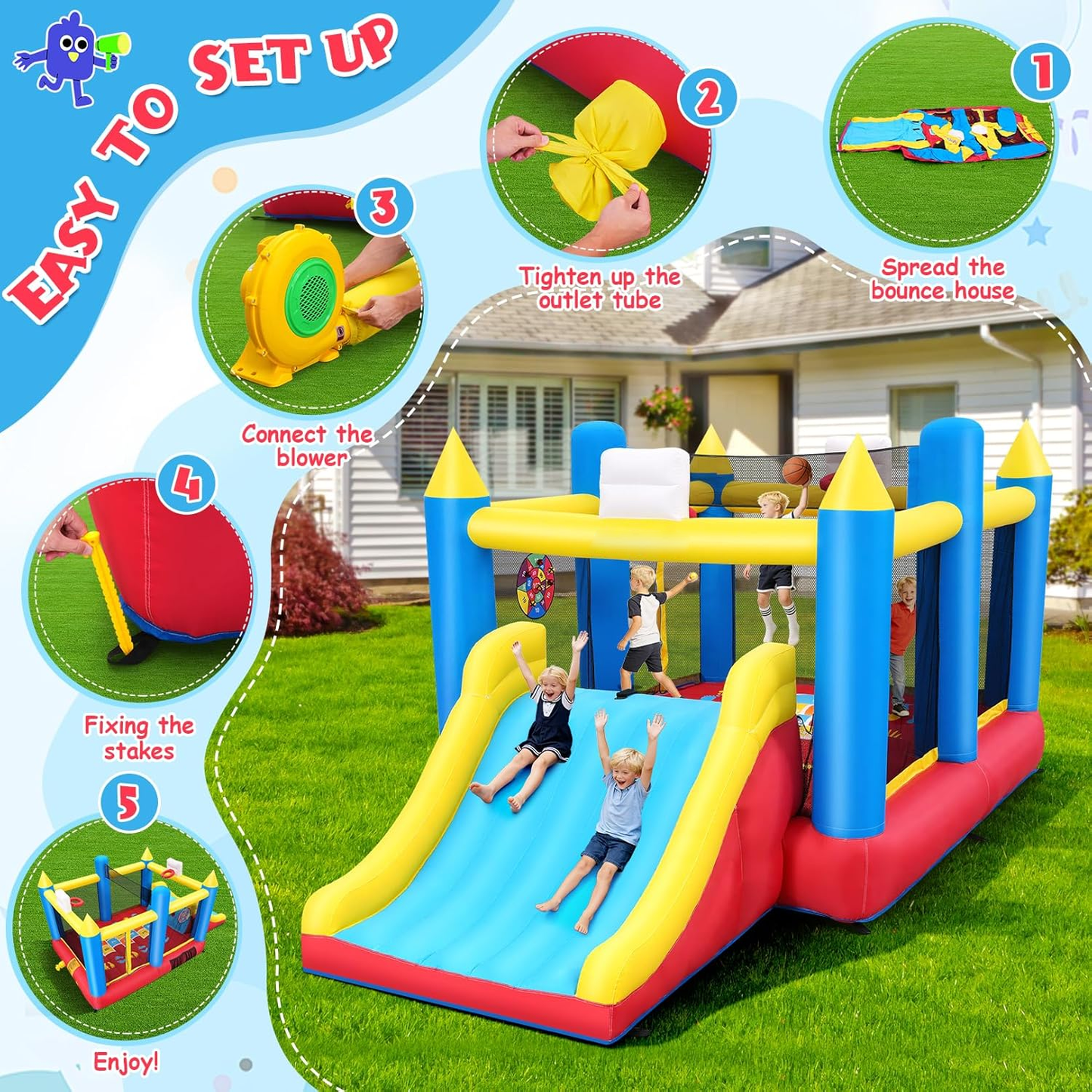 KRISRATE Inflatable Bounce House for Kids 3-12, 15.2x8.3x7ft Multi-Activity Bouncy Castle with Extra Wide Slide, Dual Basketball Hoops, 480W Blower