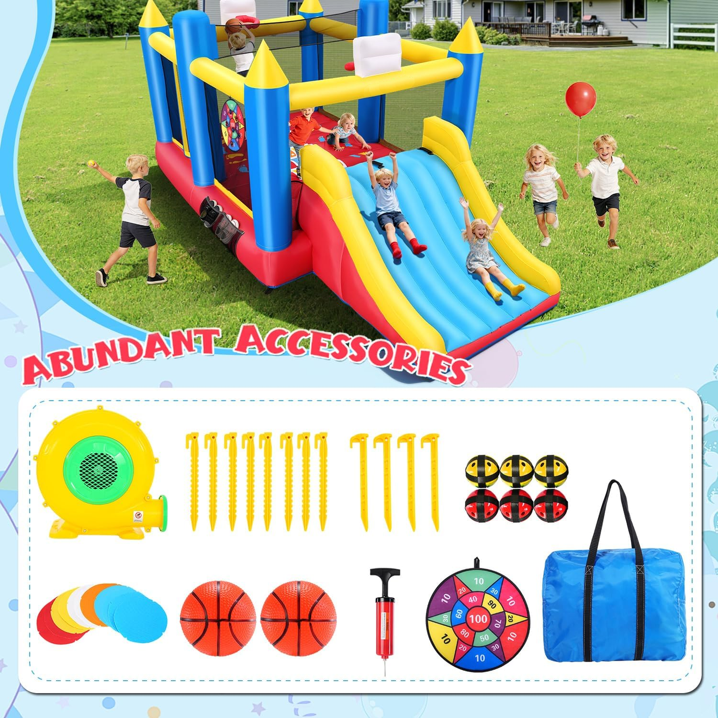 KRISRATE Inflatable Bounce House for Kids 3-12, 15.2x8.3x7ft Multi-Activity Bouncy Castle with Extra Wide Slide, Dual Basketball Hoops, 480W Blower