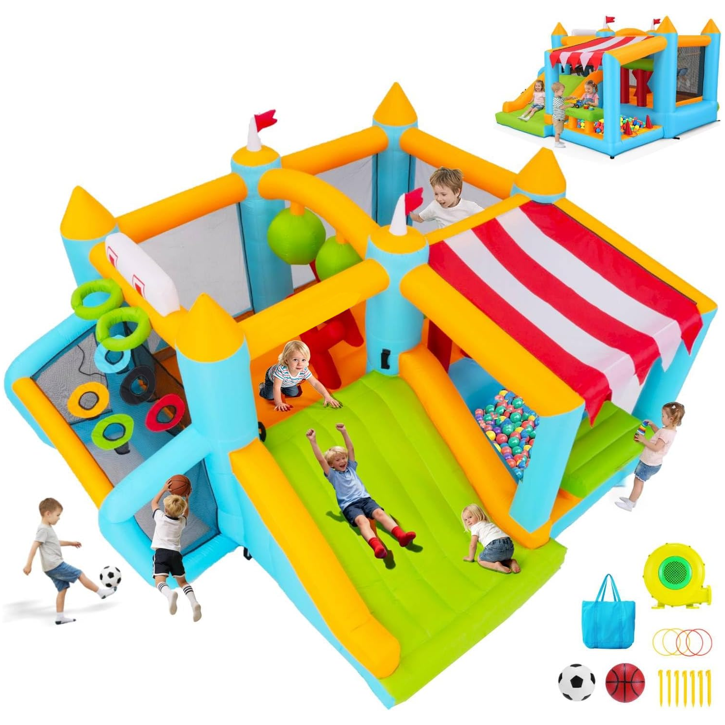 KRISRATE Inflatable Bounce House, Obstacle Course with Slide, Ball Pit, Basketball Hoop, Soccer Goal & Market Stand for Indoor Outdoor Fun, 3-4 Kids