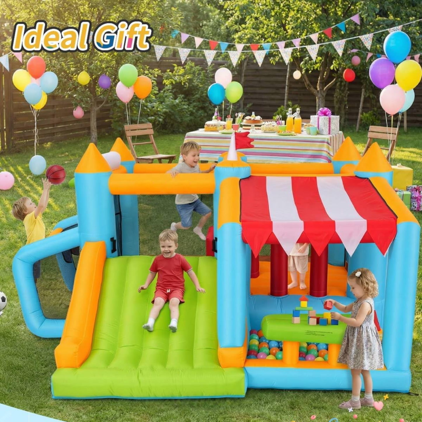 KRISRATE Inflatable Bounce House, Obstacle Course with Slide, Ball Pit, Basketball Hoop, Soccer Goal & Market Stand for Indoor Outdoor Fun, 3-4 Kids