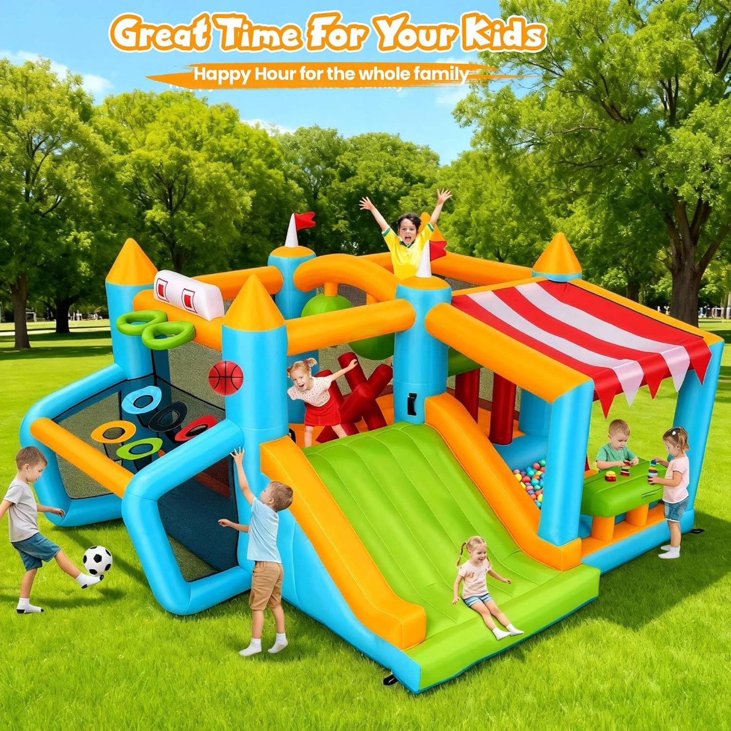 KRISRATE Inflatable Bounce House, Obstacle Course with Slide, Ball Pit, Basketball Hoop, Soccer Goal & Market Stand for Indoor Outdoor Fun, 3-4 Kids