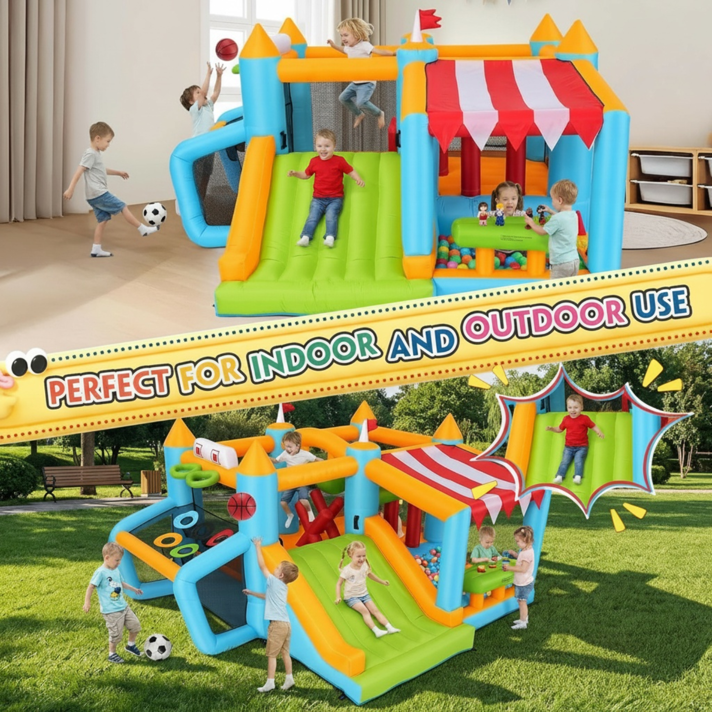 KRISRATE Inflatable Bounce House, Obstacle Course with Slide, Ball Pit, Basketball Hoop, Soccer Goal & Market Stand for Indoor Outdoor Fun, 3-4 Kids