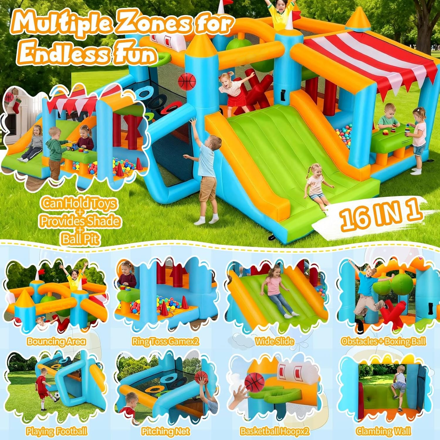 KRISRATE Inflatable Bounce House, Obstacle Course with Slide, Ball Pit, Basketball Hoop, Soccer Goal & Market Stand for Indoor Outdoor Fun, 3-4 Kids