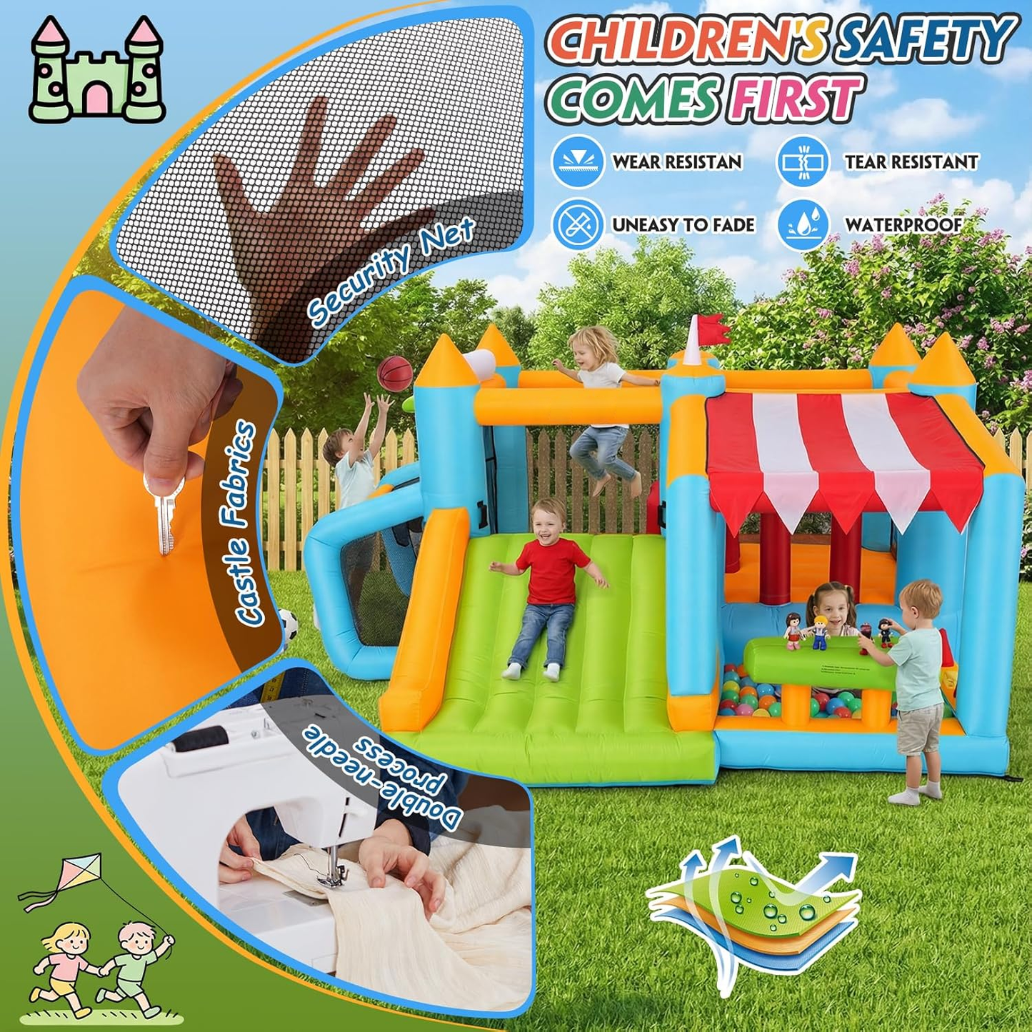 KRISRATE Inflatable Bounce House, Obstacle Course with Slide, Ball Pit, Basketball Hoop, Soccer Goal & Market Stand for Indoor Outdoor Fun, 3-4 Kids