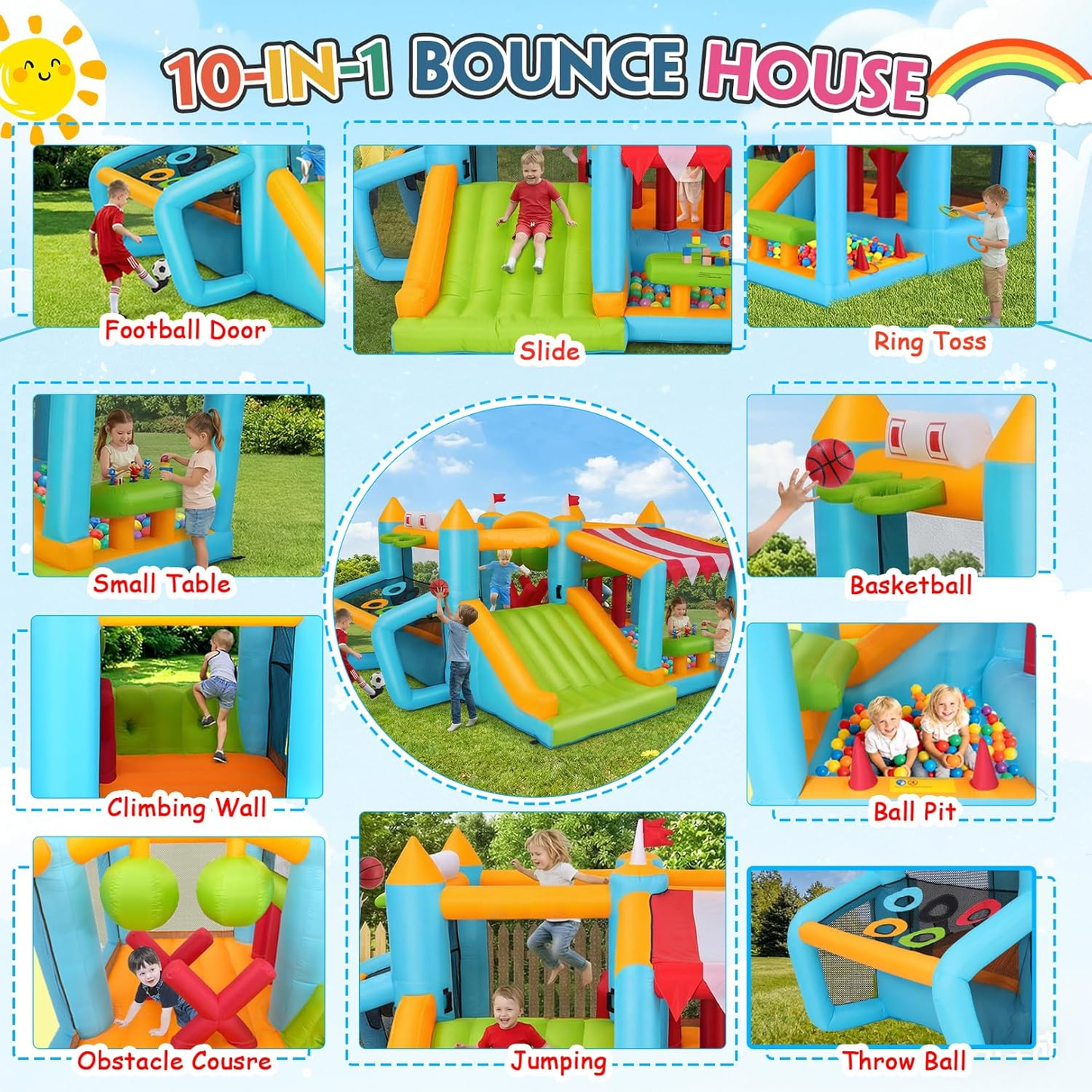 KRISRATE Inflatable Bounce House, Obstacle Course with Slide, Ball Pit, Basketball Hoop, Soccer Goal & Market Stand for Indoor Outdoor Fun, 3-4 Kids