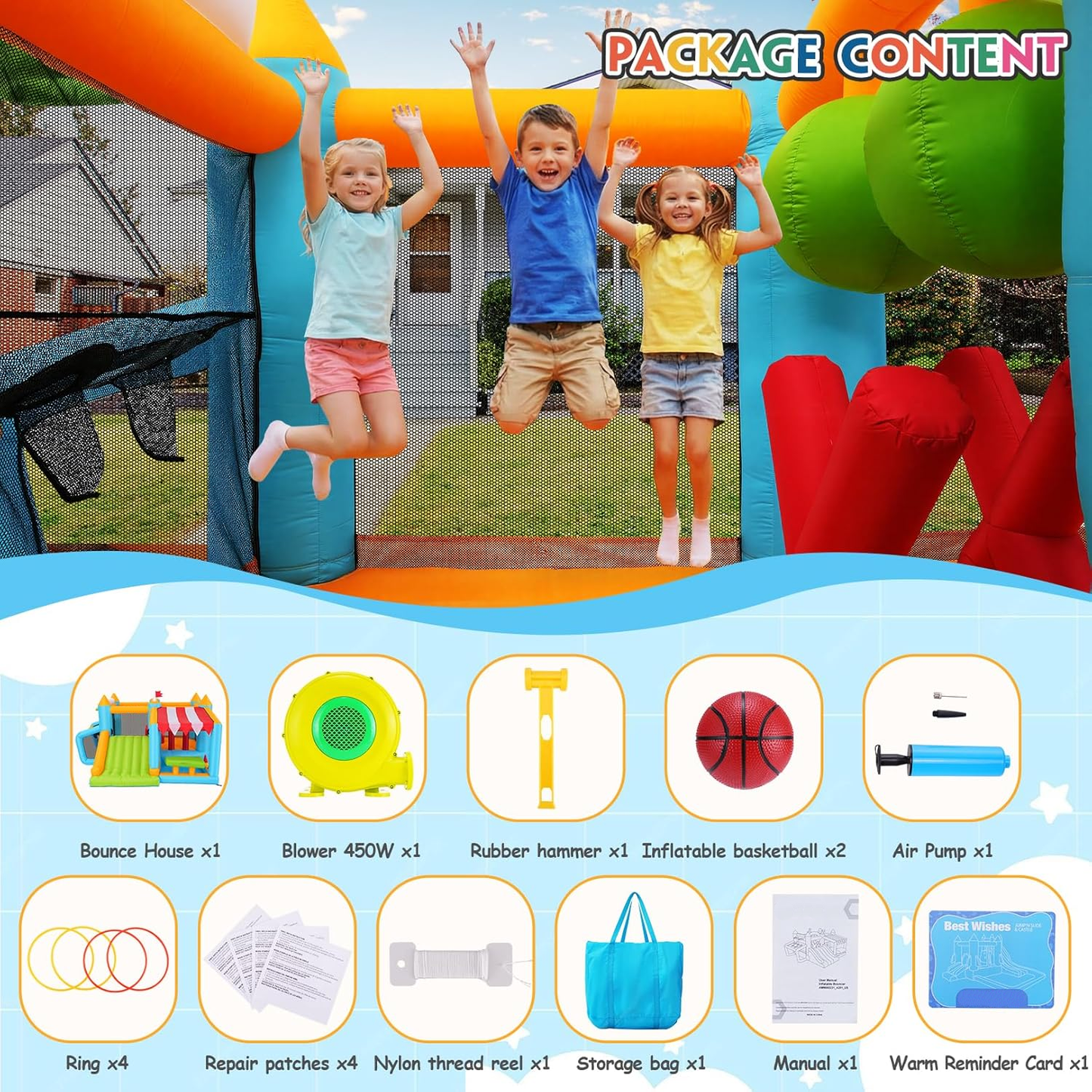 KRISRATE Inflatable Bounce House, Obstacle Course with Slide, Ball Pit, Basketball Hoop, Soccer Goal & Market Stand for Indoor Outdoor Fun, 3-4 Kids