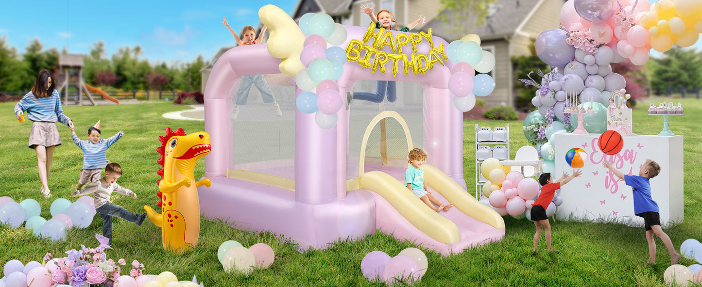 KRISRATE Inflatable Bounce House with Slide, Pink Kids Bouncy Castle for Indoor/Outdoor Use, with Basketball Hoop, Safety Net & 370W Blower for Party