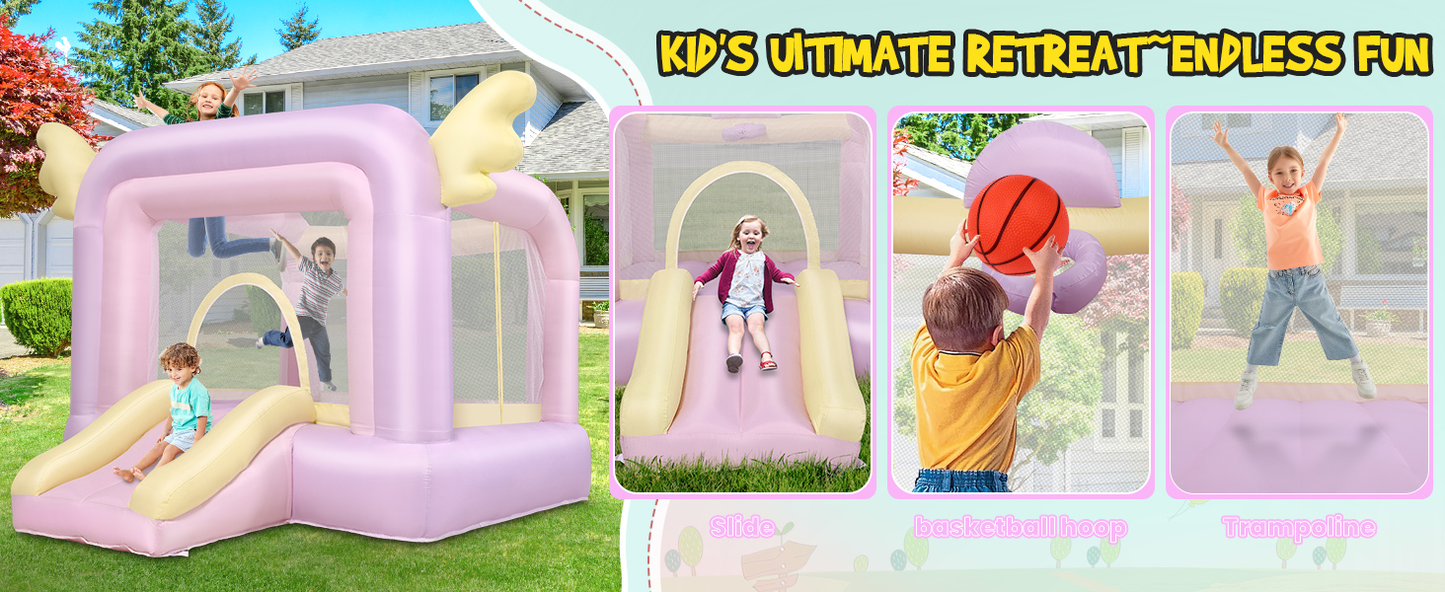 KRISRATE Inflatable Bounce House with Slide, Pink Kids Bouncy Castle for Indoor/Outdoor Use, with Basketball Hoop, Safety Net & 370W Blower for Party