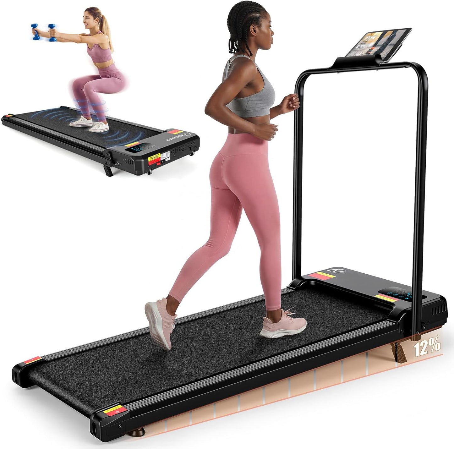 KRISRATE 6-in-1 3.5HP Walking Pad Treadmill with Vibration Plate and 12%/15% Incline, Under Desk Folding Treadmill for Home, Office