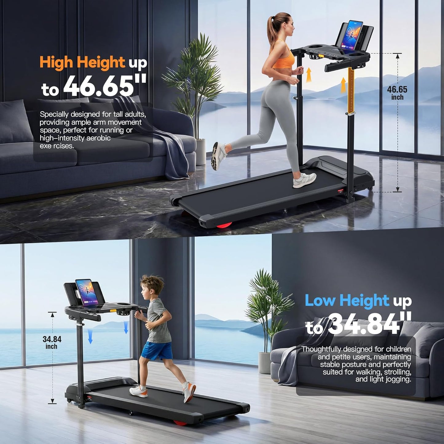 KRISRATE 3.5HP Treadmill w/ Desk Workstation & Adjustable Height, 450 lbs Capacity, Portable Folding 15% Incline Walking Pad Treadmill with Handle Bar