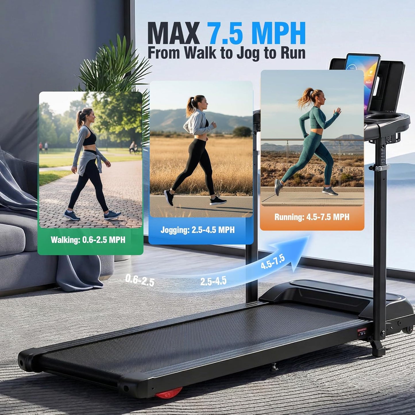 KRISRATE 3.5HP Treadmill w/ Desk Workstation & Adjustable Height, 450 lbs Capacity, Portable Folding 15% Incline Walking Pad Treadmill with Handle Bar