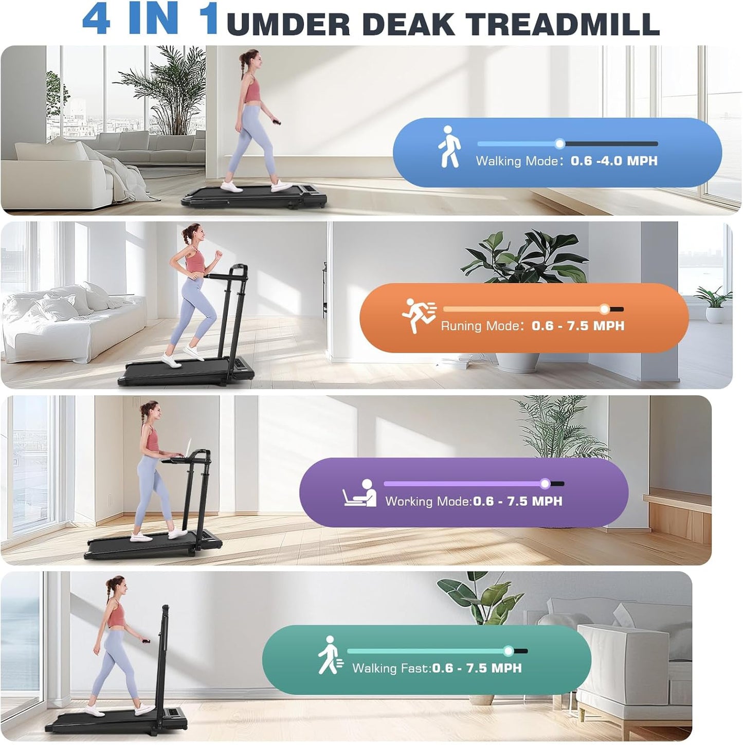 KRISRATE Treadmill with 12%/15% Incline, Folding Walking Pad with Handle Bar, 450lb Capacity Under Desk Foldable 3.5HP Treadmills for Home/Office/Gym