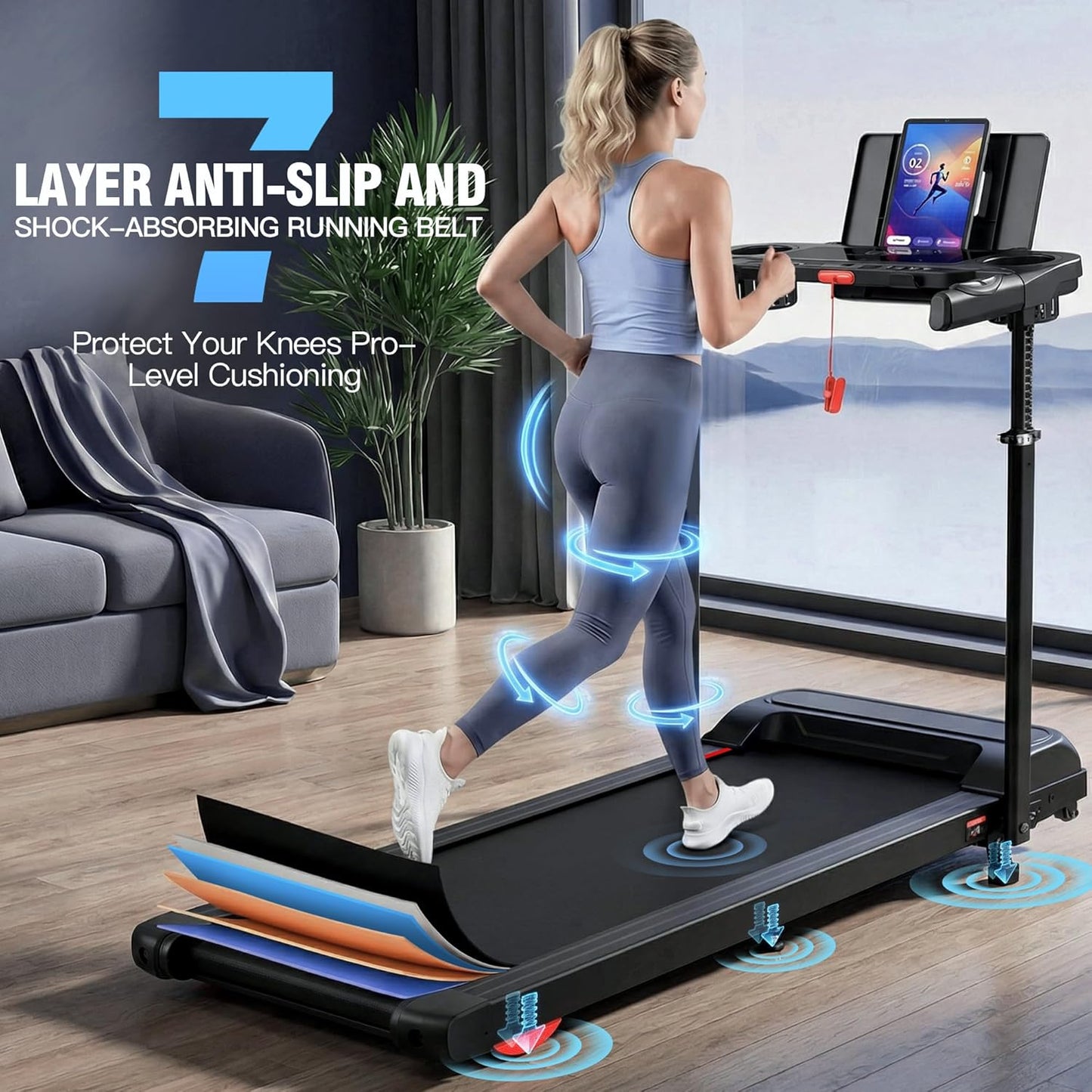 KRISRATE 3.5HP Treadmill w/ Desk Workstation & Adjustable Height, 450 lbs Capacity, Portable Folding 15% Incline Walking Pad Treadmill with Handle Bar