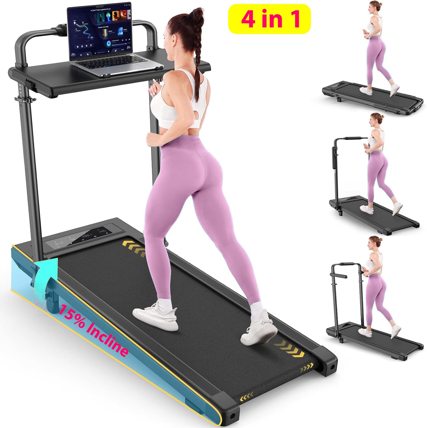 KRISRATE Treadmill with 12%/15% Incline, Folding Walking Pad with Handle Bar, 450lb Capacity Under Desk Foldable 3.5HP Treadmills for Home/Office/Gym