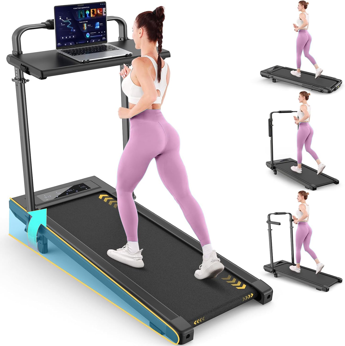 KRISRATE 4-in-1 3.5HP Foldable Treadmill with 15% Incline & Removable Desk & Handle Bar, Under Desk Folding Walking Pad Treadmills for Home/Office/Gym