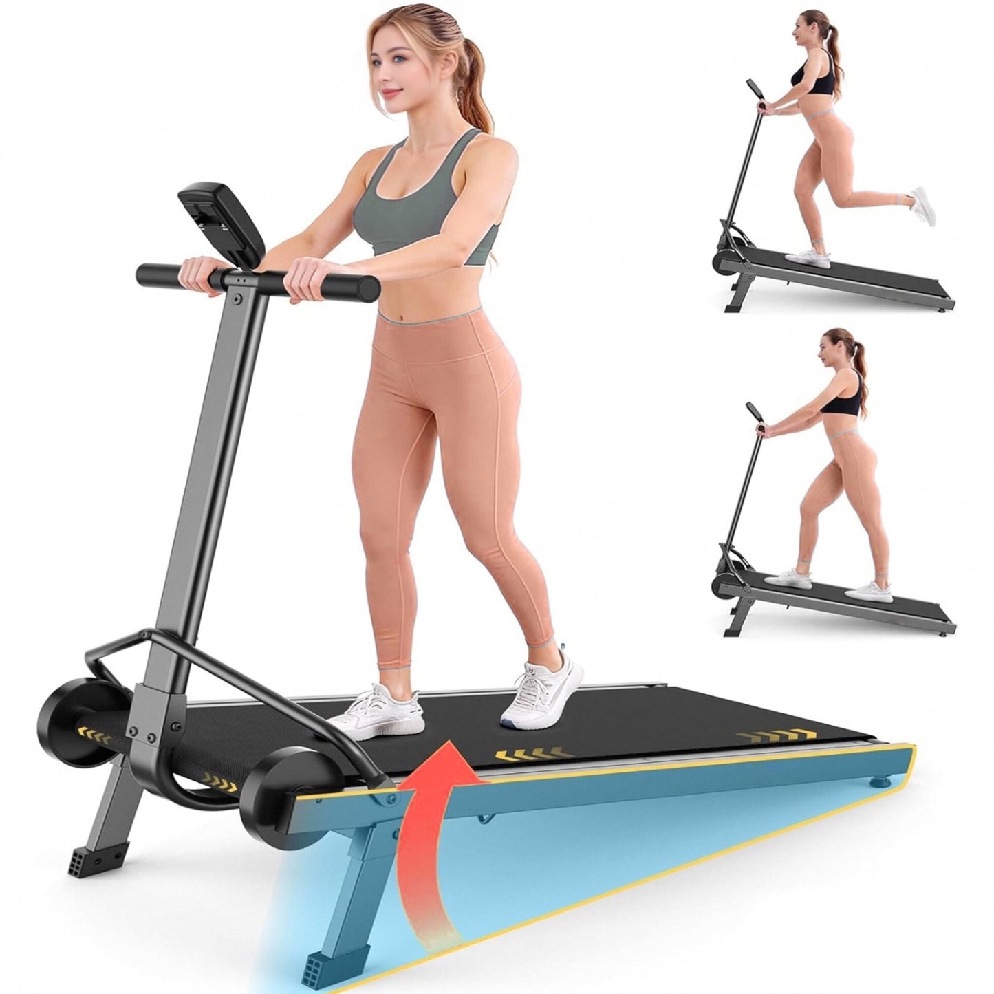 KRISRATE Manual Walking Pad w/ Incline 15%, Foldable Non-Electric Treadmill w/ Handle Bar, 500lbs Capacity, Non-Slip, Digital Monitor for Home/Gym
