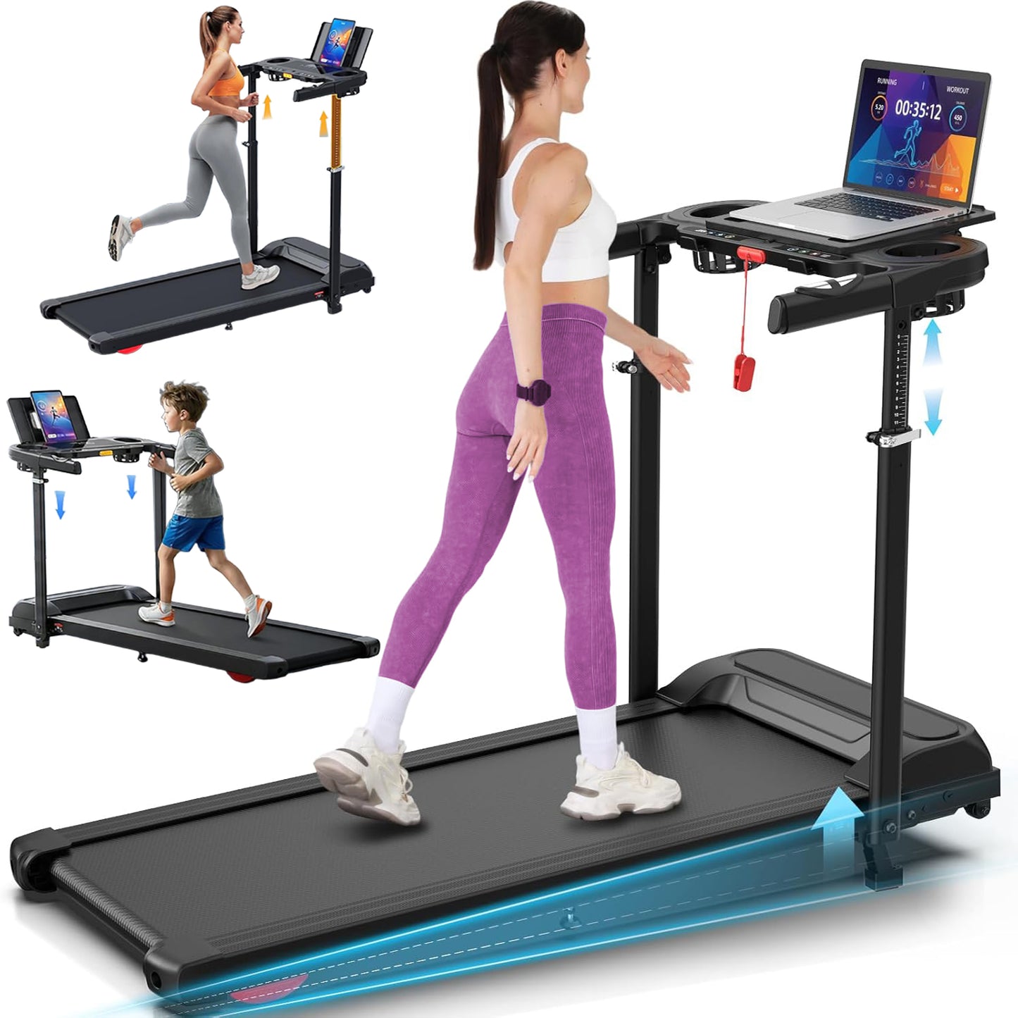 KRISRATE 3.5HP Treadmill w/ Desk Workstation & Adjustable Height, 450 lbs Capacity, Portable Folding 15% Incline Walking Pad Treadmill with Handle Bar