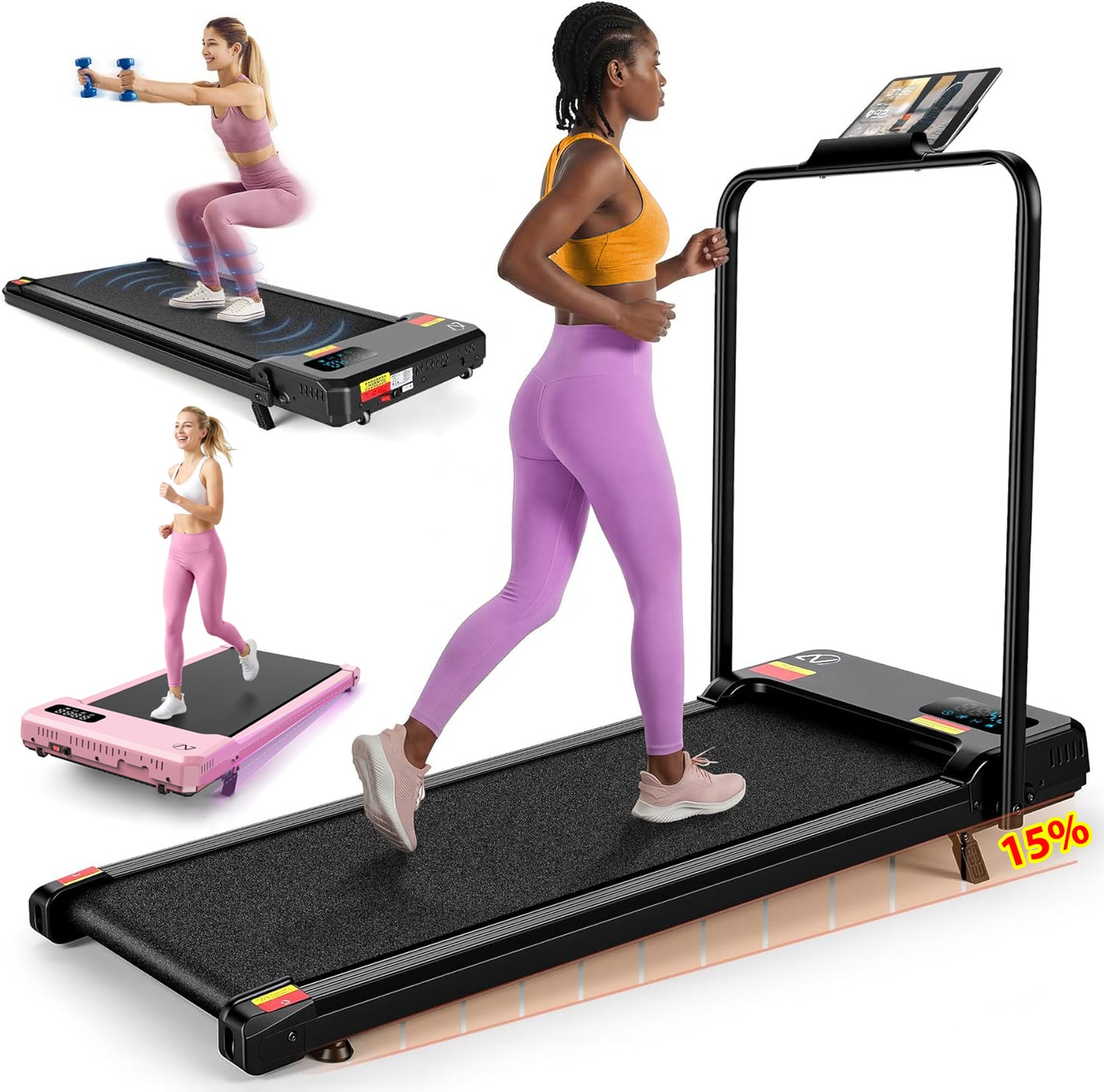 KRISRATE 6-in-1 3.5HP Walking Pad Treadmill with Vibration Plate and 12%/15% Incline, Under Desk Folding Treadmill for Home, Office