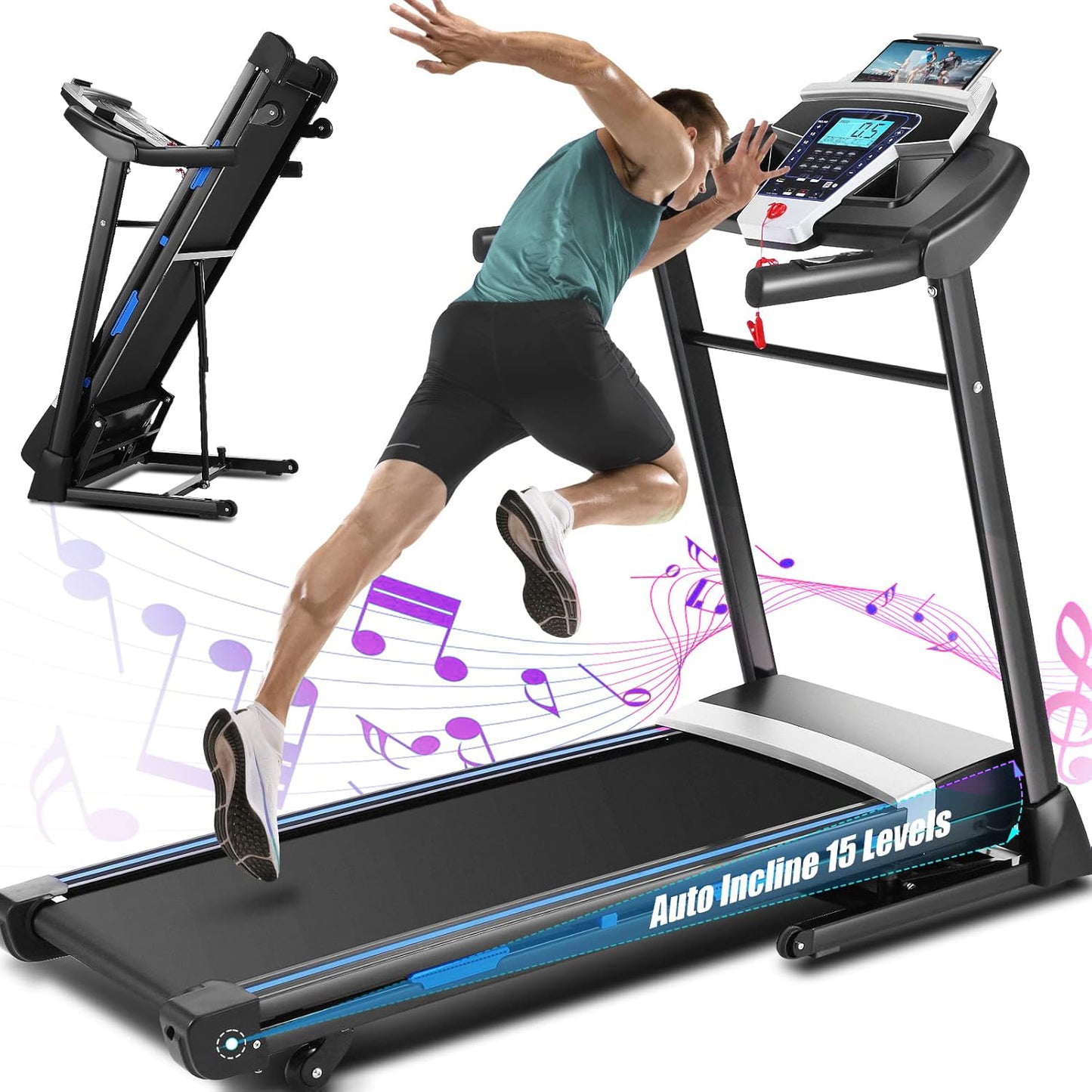 KRISRATE Treadmill with 15% Auto Incline & Large LED Display & Smart App & Bluetooth Speaker, 4.5HP Heavy Duty Folding Treadmill for Home Gym