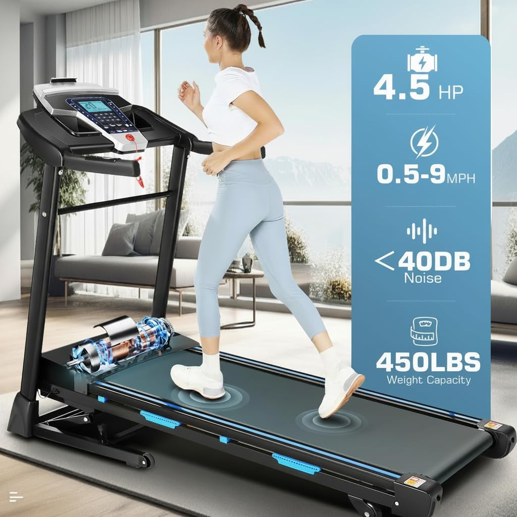 KRISRATE Treadmill with 15% Auto Incline & Large LED Display & Smart App & Bluetooth Speaker, 4.5HP Heavy Duty Folding Treadmill for Home Gym