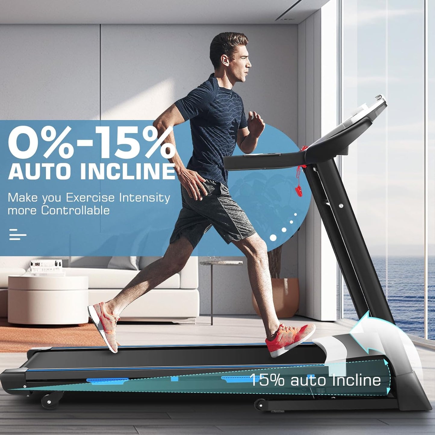 KRISRATE Treadmill with 15% Auto Incline & Large LED Display & Smart App & Bluetooth Speaker, 4.5HP Heavy Duty Folding Treadmill for Home Gym
