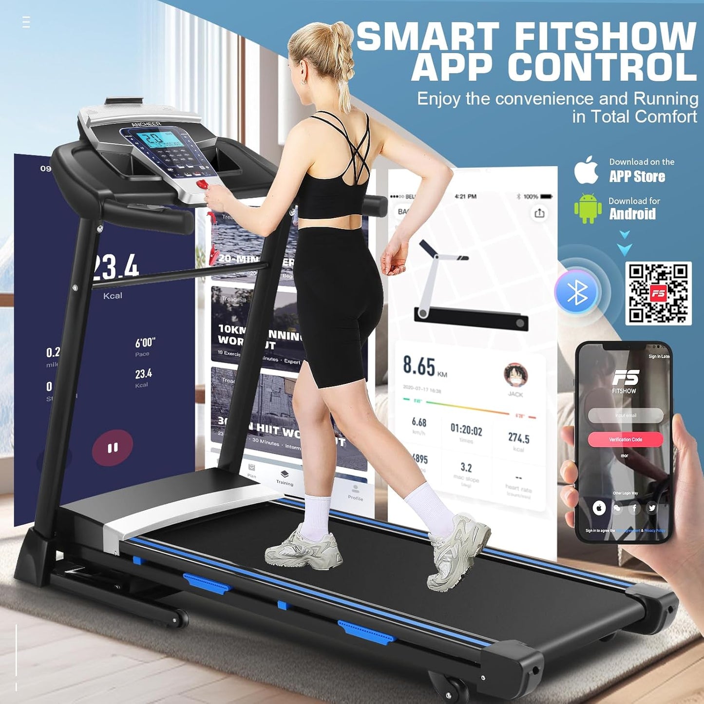 KRISRATE Treadmill with 15% Auto Incline & Large LED Display & Smart App & Bluetooth Speaker, 4.5HP Heavy Duty Folding Treadmill for Home Gym