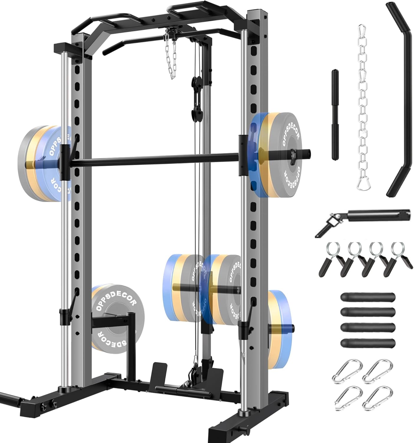 KRISRATE All-in-One Adjustable Smith Machine with LAT-Pull Down System Multi-Function Power Cage Cable Crossover Squat Rack of Workout Equipment