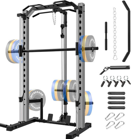 KRISRATE All-in-One Adjustable Smith Machine with LAT-Pull Down System Multi-Function Power Cage Cable Crossover Squat Rack of Workout Equipment