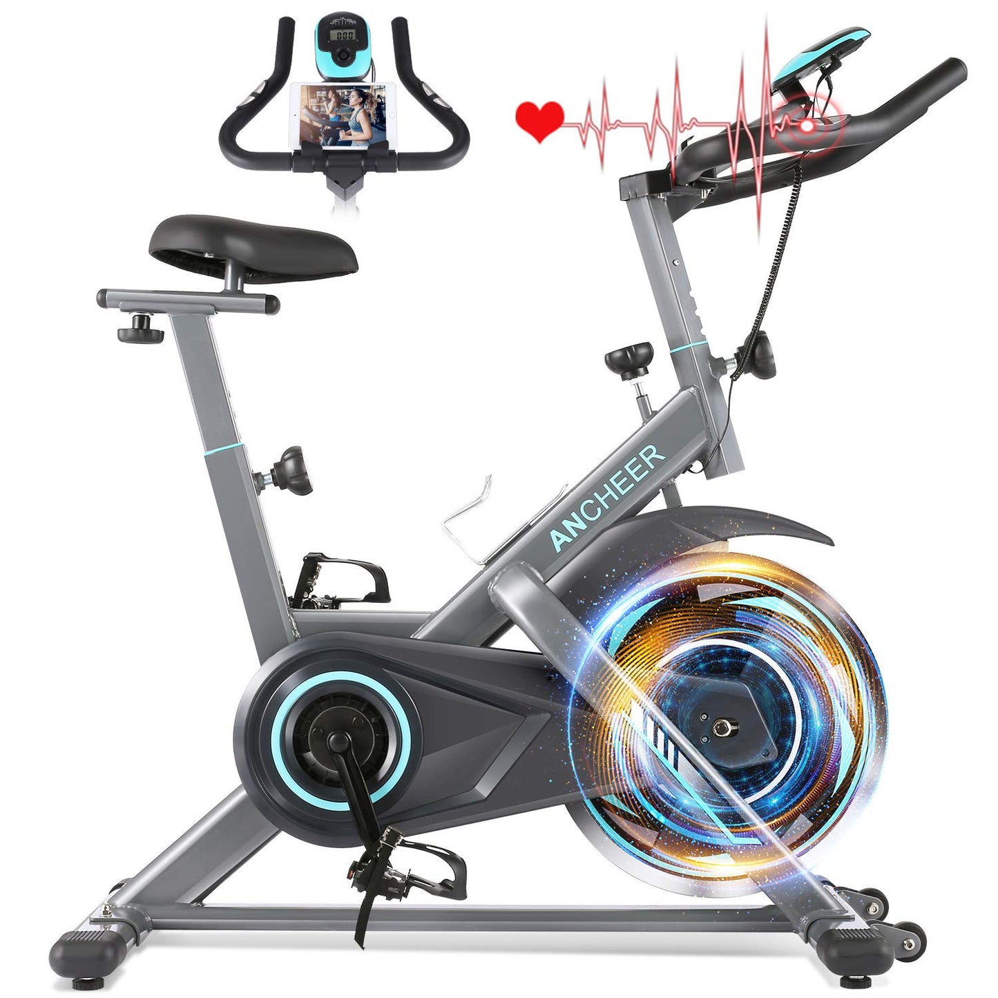 ANCHEER Exercise Bike, Indoor Cycling Bike with Seat Cushion, Holder and LCD Monitor for Home