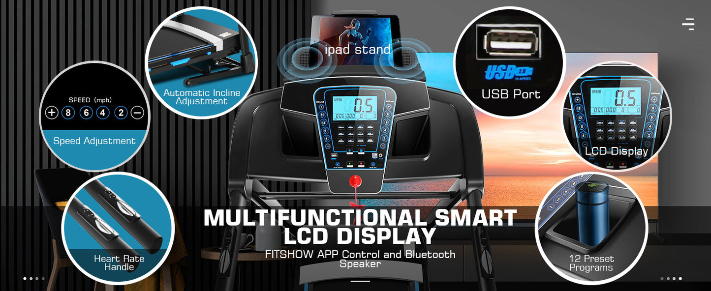 KRISRATE Treadmill with 15% Auto Incline & Large LED Display & Smart App & Bluetooth Speaker, 4.5HP Heavy Duty Folding Treadmill for Home Gym