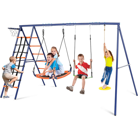 KRISRATE Swing Set for Backyard - Heavy Duty 6 in 1 Playground Set 550lbs Capacity with 3 Adjustable Swings Climbing Net Ladder Basketball Hoop