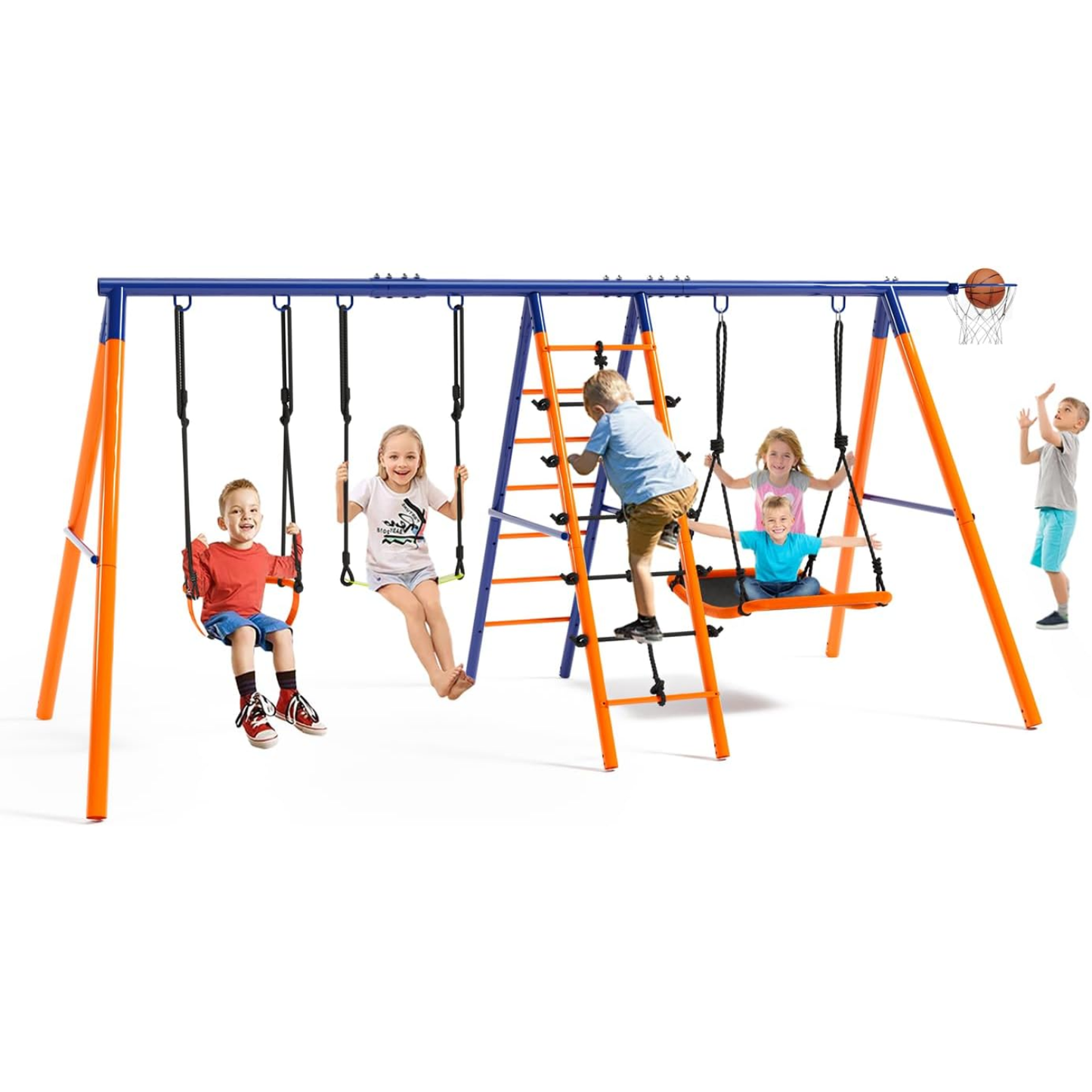 KRISRATE Swing Set for Backyard - 6-in-1 Swing Set with 3 Adjustable Swings, Climbing Ladder & Net, Basketball Hoop, Extra Large Metal Frame, 700 lbs