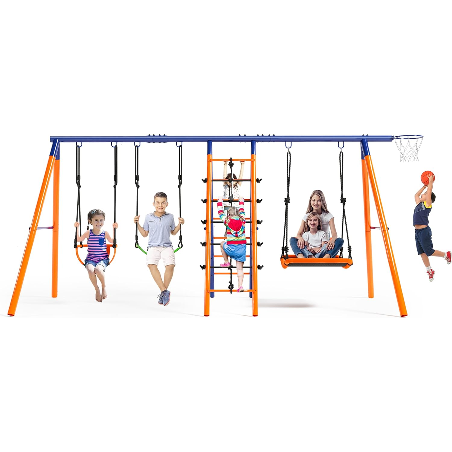 KRISRATE Swing Set for Backyard - 6-in-1 Swing Set with 3 Adjustable Swings, Climbing Ladder & Net, Basketball Hoop, Extra Large Metal Frame, 700 lbs