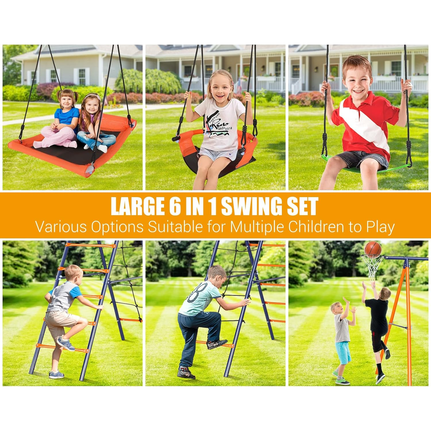 KRISRATE Swing Set for Backyard - 6-in-1 Swing Set with 3 Adjustable Swings, Climbing Ladder & Net, Basketball Hoop, Extra Large Metal Frame, 700 lbs