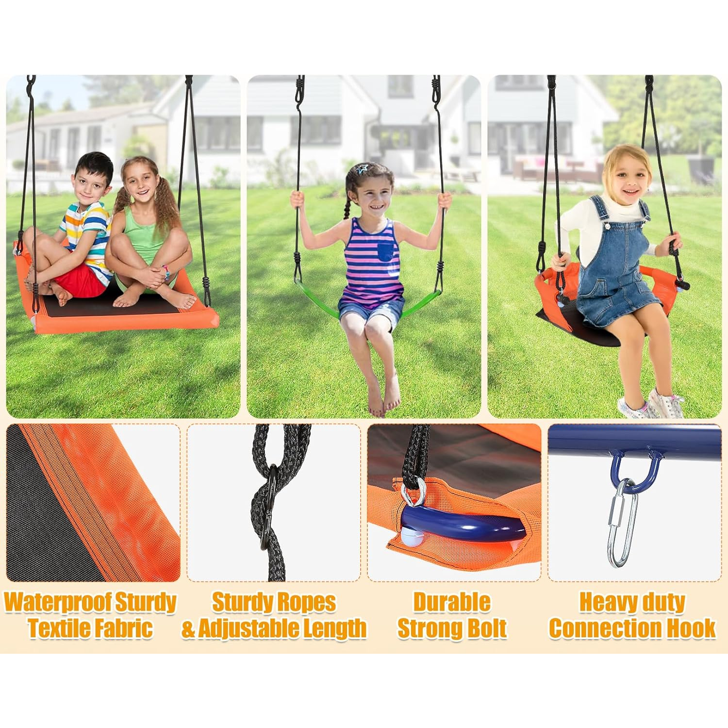 KRISRATE Swing Set for Backyard - 6-in-1 Swing Set with 3 Adjustable Swings, Climbing Ladder & Net, Basketball Hoop, Extra Large Metal Frame, 700 lbs