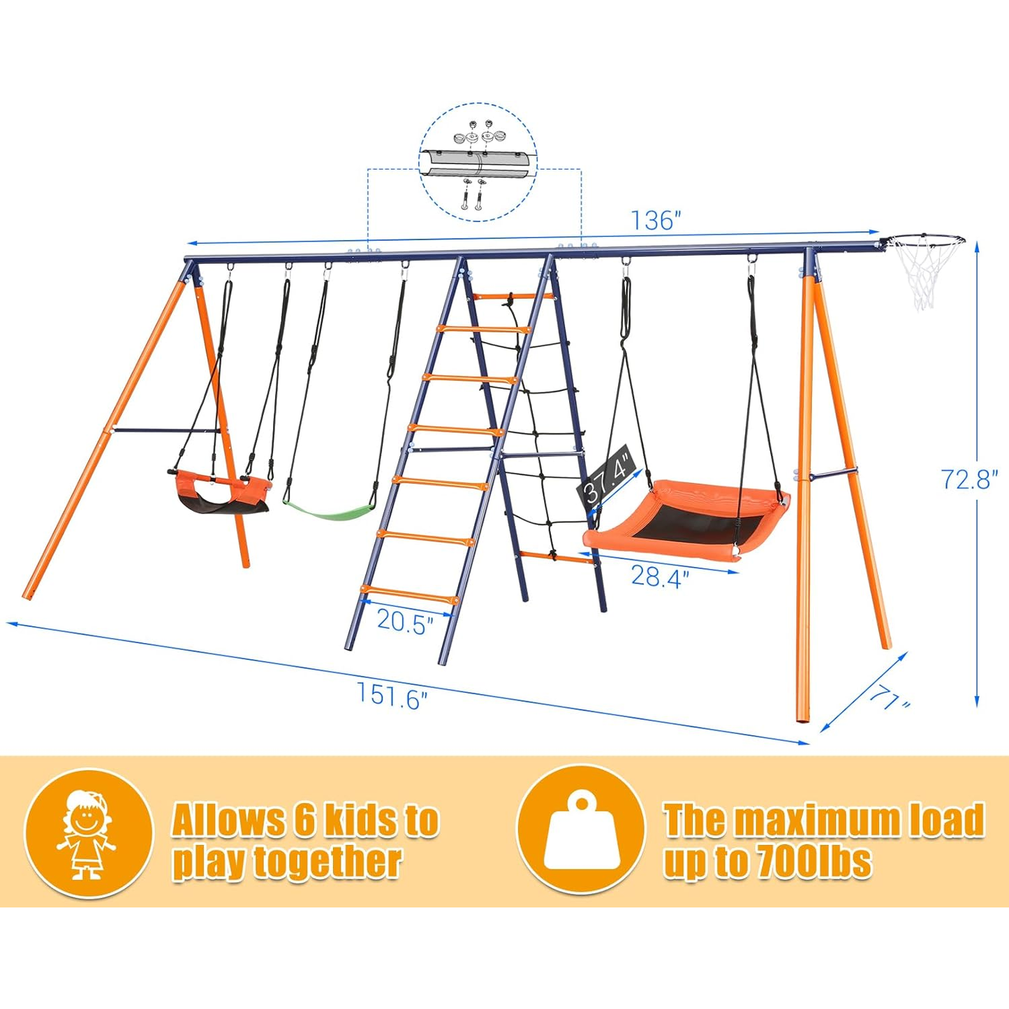 KRISRATE Swing Set for Backyard - 6-in-1 Swing Set with 3 Adjustable Swings, Climbing Ladder & Net, Basketball Hoop, Extra Large Metal Frame, 700 lbs