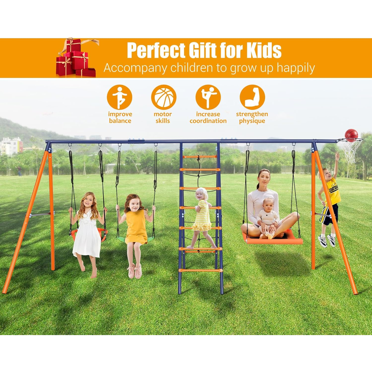 KRISRATE Swing Set for Backyard - 6-in-1 Swing Set with 3 Adjustable Swings, Climbing Ladder & Net, Basketball Hoop, Extra Large Metal Frame, 700 lbs