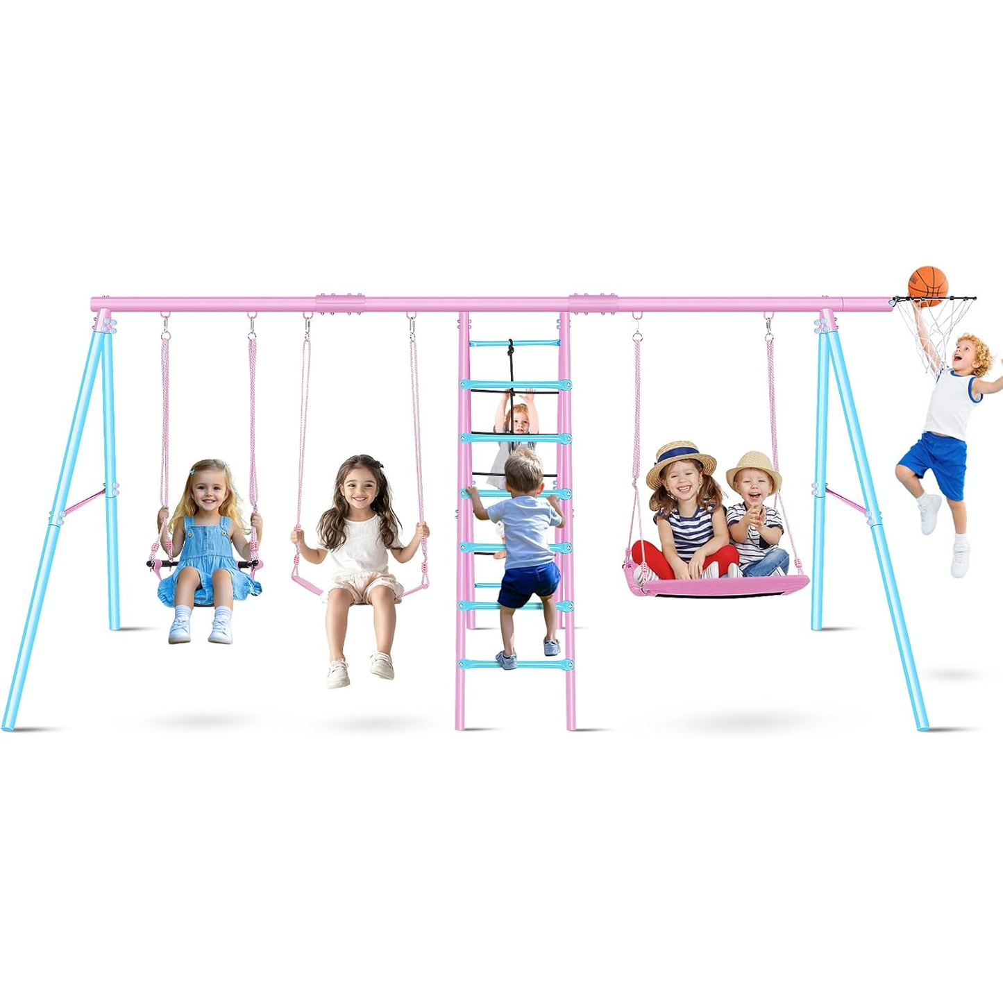 KRISRATE Swing Set for Backyard - 6-in-1 Swing Set with 3 Adjustable Swings, Climbing Ladder & Net, Basketball Hoop, Extra Large Metal Frame, 700 lbs