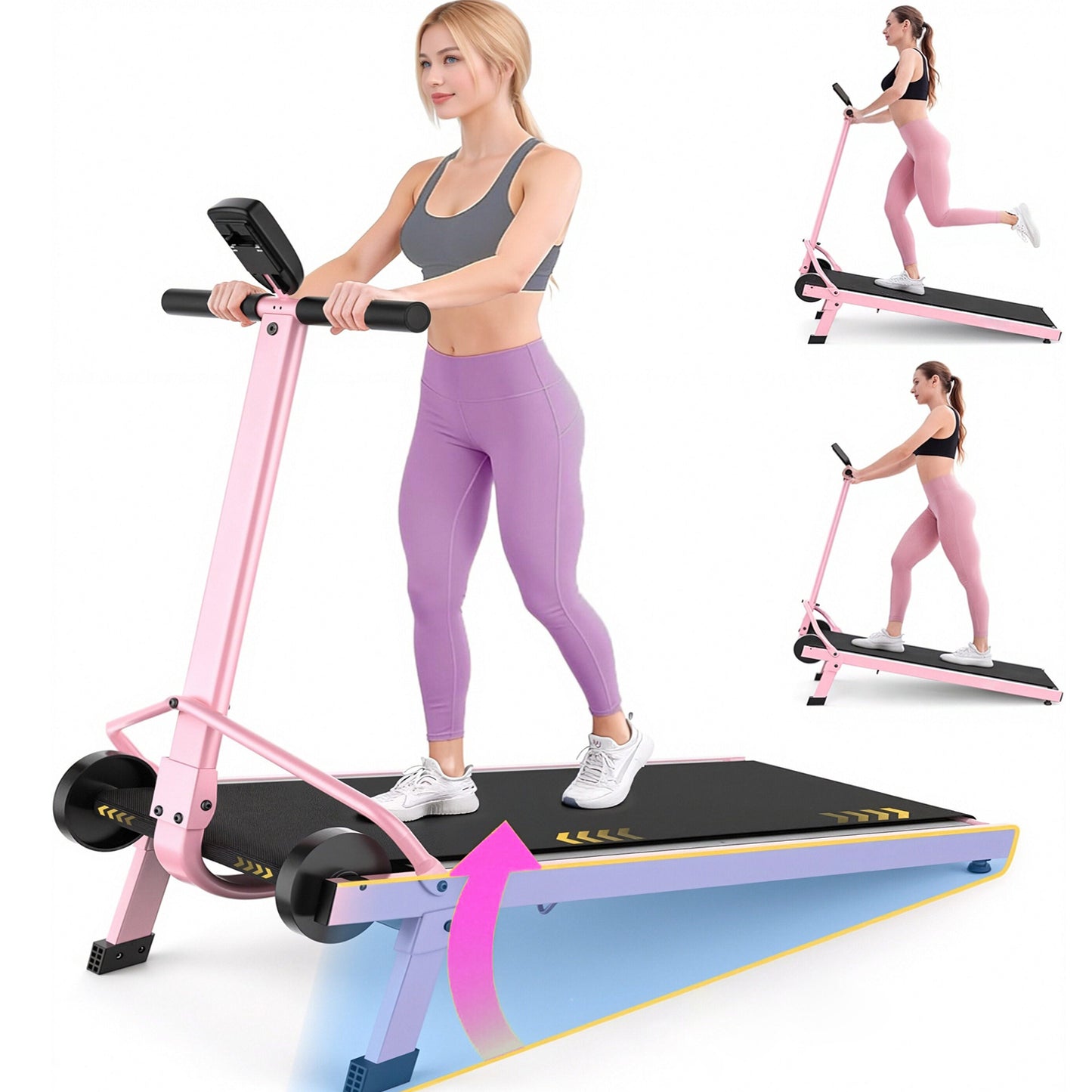 KRISRATE Manual Walking Pad w/ Incline 15%, Foldable Non-Electric Treadmill w/ Handle Bar, 500lbs Capacity, Non-Slip, Digital Monitor for Home/Gym