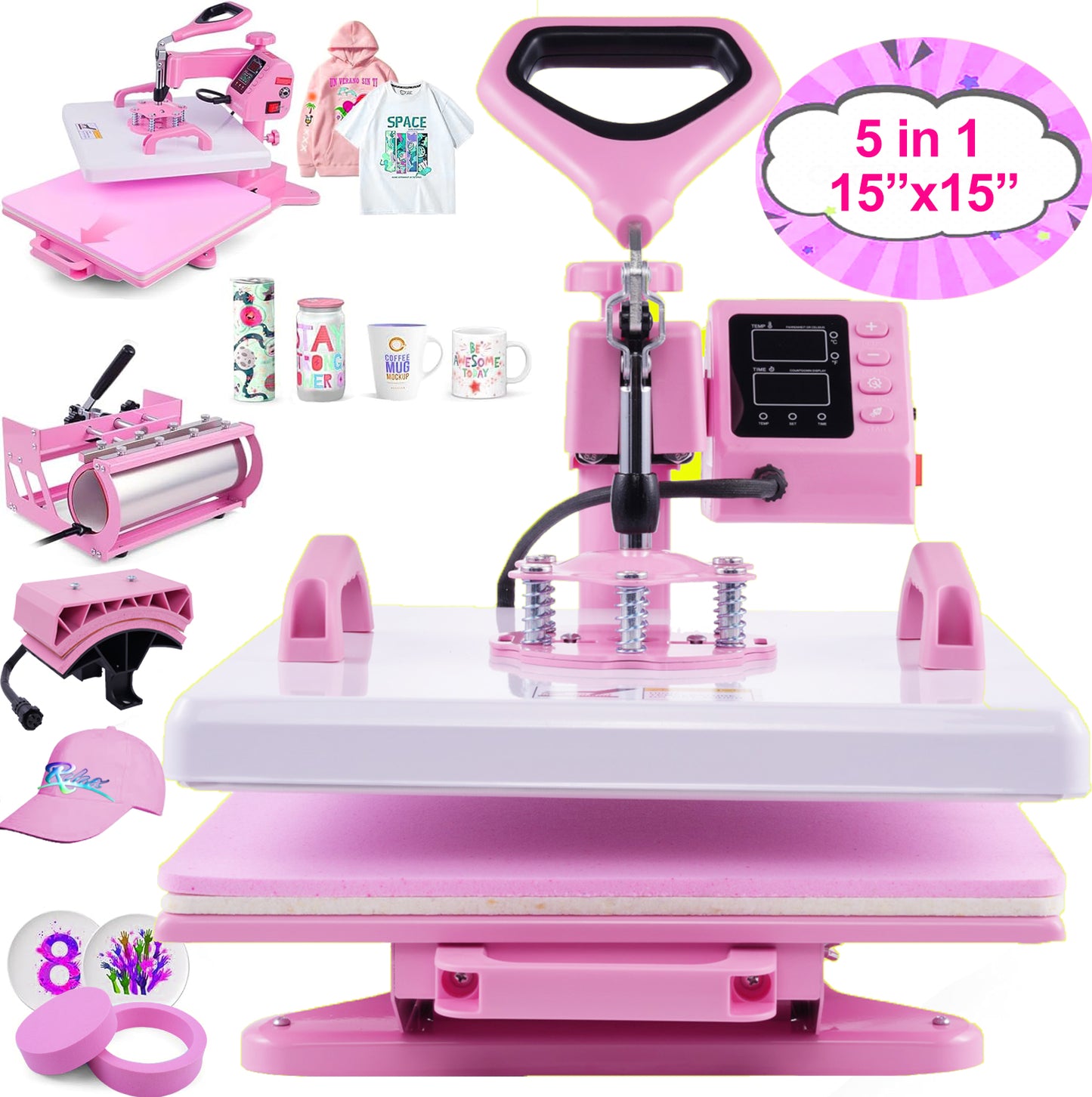 KRISRATE 15"x15" Heat Press Machine Set with 30OZ Tumbler Press, Slide Out 360° Swing Away Digital Heat Transfer for T-Shirt/Tumbler/Mug/Hat/Cap/Plate