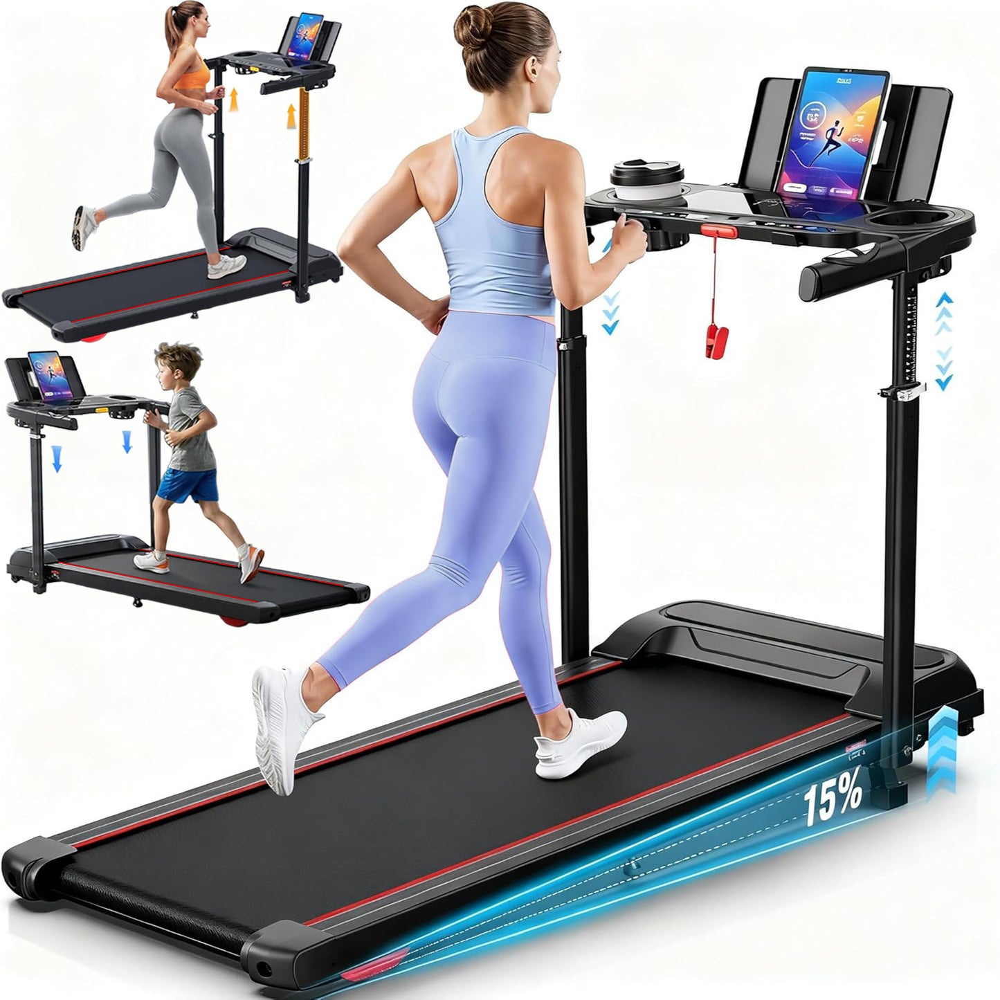 KRISRATE 3.5HP Treadmill w/ Desk Workstation & Adjustable Height, 450 lbs Capacity, Portable Folding 15% Incline Walking Pad Treadmill with Handle Bar