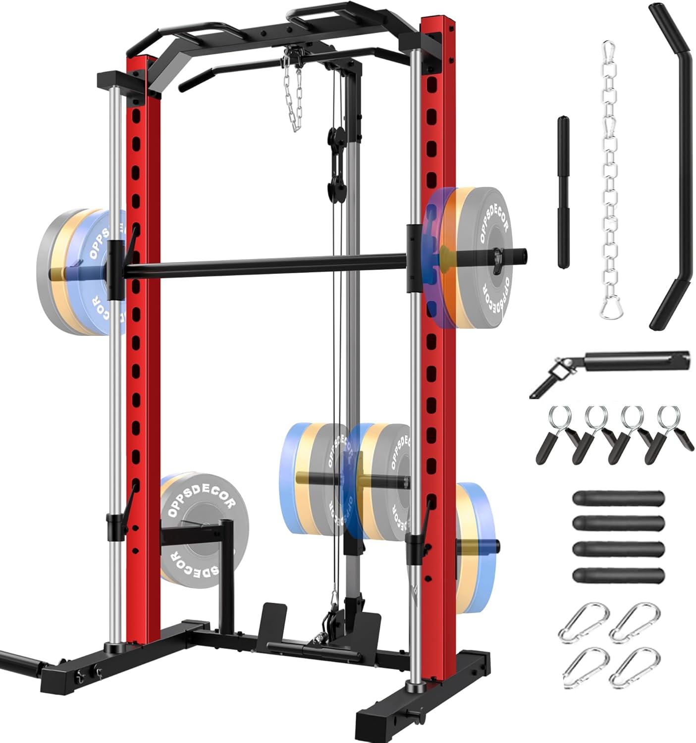 KRISRATE All-in-One Adjustable Smith Machine with LAT-Pull Down System Multi-Function Power Cage Cable Crossover Squat Rack of Workout Equipment